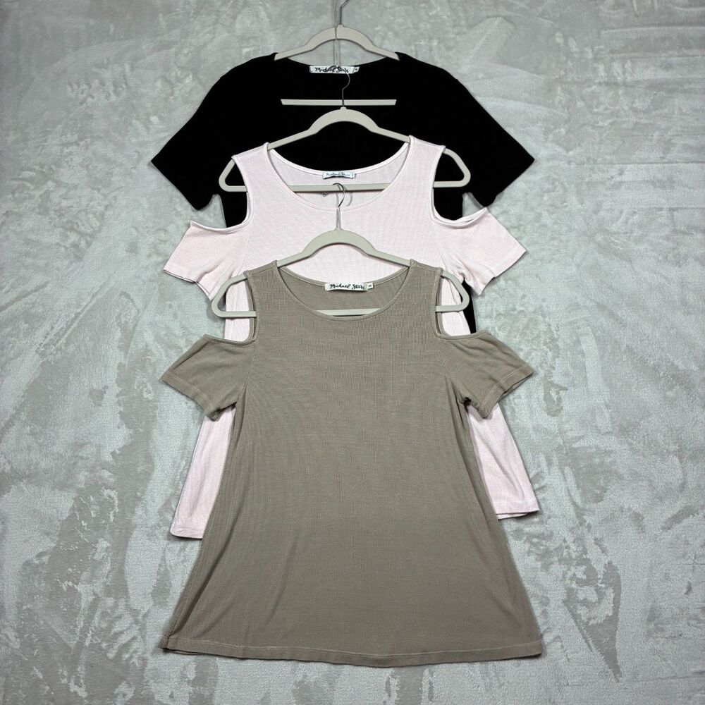 Michael Stars Lot 3 OS One Size Ribbed Tops V Neck Cold Shoulder Black Tan Pink